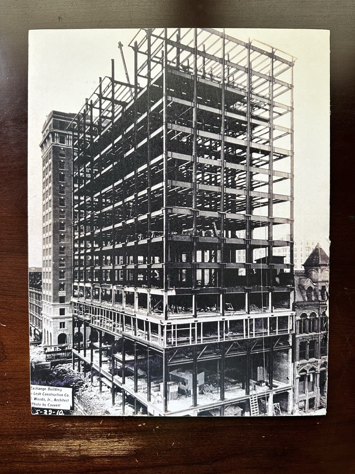 The structural steel skeleton of the Exchange Building during construction, c. 1910.